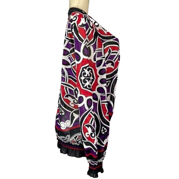 Nicole Miller L Black Geometric Print Beaded Neck Shirred Hem Long Sleeve Blouse - Picture 3 of 5